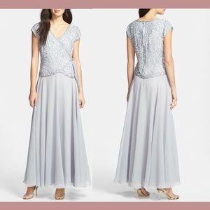 NWT J Kara [ 8 ] Embellished Bodice Chiffon A-Line‎ Gown in Silver/Grey